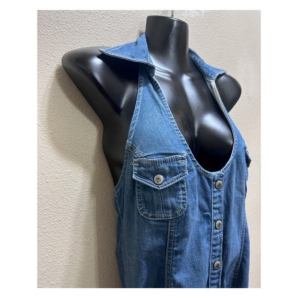 VTG GUESS Denim Y2K Halter Mini Dress Sz 11 Blue Snap Front Rave Drop Waist Belt - Picture 3 of 10